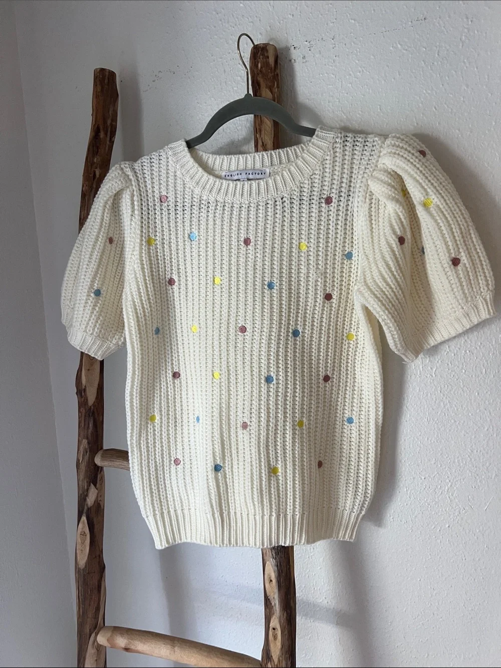 English Factory Short Puff Sleeve Cream Sweater Yellow, Blue, Pink Polka Dots S